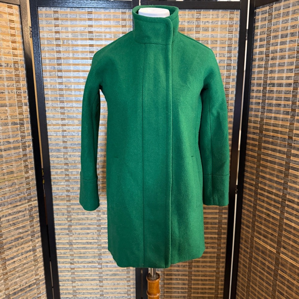 J.Crew Factory City Coat Women 0P Green Wool Blend Funnel Neck Alpine Outerwear